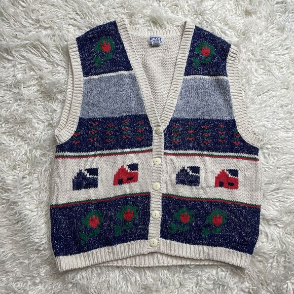 Vintage Novelty Sweater Vest Womens M Silk Blend Houses Teacher Cottagecore 3XL - Picture 1 of 3